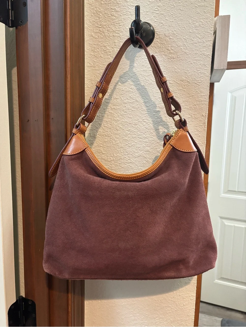 Dooney & Bourke Suede Shoulder Bag in Burgundy and Tan